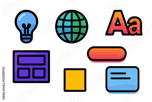 Creative design elements featuring light bulb, globe, typography, grids, and colorful shapes used for digital content