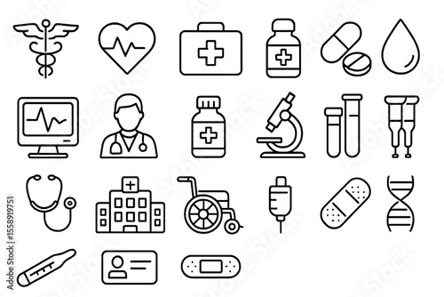 Health and medical symbols representing various aspects of healthcare and treatment