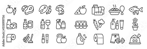 Grocery shopping essentials and food items arranged in a neat grid for easy reference