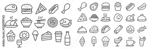 Diverse selection of food and drink icons offering various styles and cuisines for digital design projects