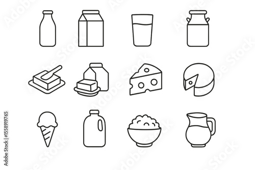 Variety of dairy products including milk, cheese, and ice cream in a simple, outlined design