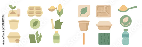 Illustration of eco-friendly materials and sustainable practices for gardening and food packaging in a minimalist style