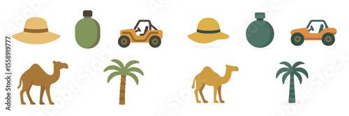 Exploring a desert landscape with camels, palm trees, and off-road vehicles during a warm day