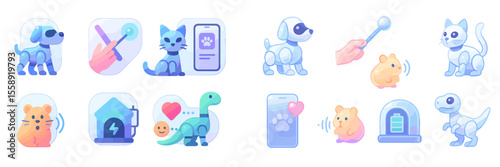 Interactive pet icons showcasing various animals and activities for a playful digital interface