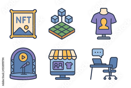 Digital art and technology concepts featuring blockchain, NFTs, online shopping, and virtual presentations