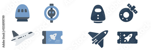 Icons representing various modes of transport including trains, spaceships, and tickets for travel