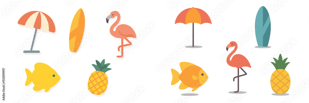 Naklejka premium Bright and colorful beach-themed illustrations featuring flamingos, surfboards, and tropical fruits for summer vibes