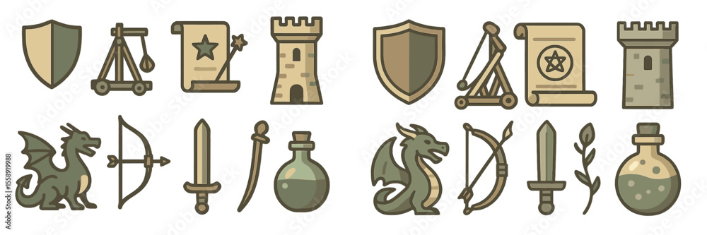 Fototapeta premium Fantasy-themed icons featuring shields, castles, dragons, and medieval weapons in a stylized design