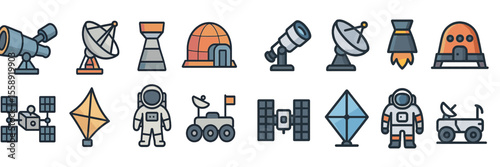 Variety of space exploration equipment and astronaut characters illustrated in a colorful design