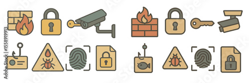 Security icons representing safety, surveillance, and threats in a modern digital environment with various symbols and colors
