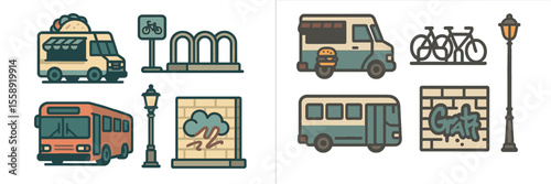 Colorful illustrations of urban transportation options and street scenes showcasing buses, food trucks, and bicycles