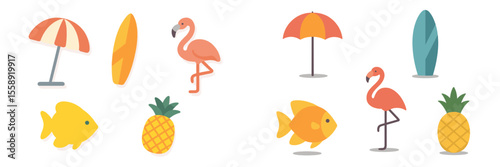 Bright and colorful beach-themed illustrations featuring flamingos, surfboards, and tropical fruits for summer vibes