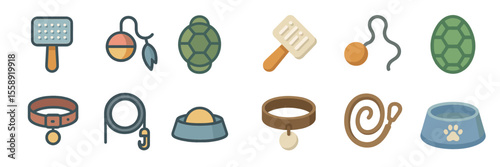 Colorful illustrations of pet care items and accessories arranged in a neat grid on a light background