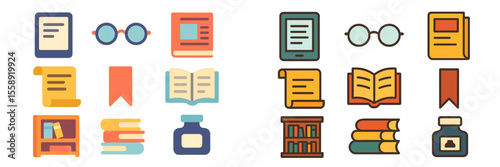 Colorful collection of reading materials and accessories arranged neatly on a white background