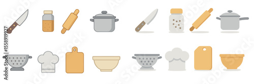 Various kitchen utensils and ingredients are displayed in a colorful, minimalist layout perfect for culinary design inspiration and cooking creativity