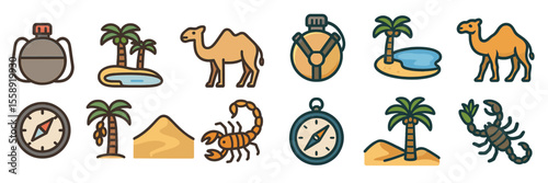 Desert adventure elements featuring camels, palms, and adventure gear in a stylized design