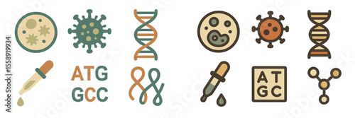 Illustration of various biological elements and DNA structures highlighting microbiology and genetics concepts