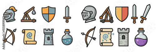 Medieval themed icons showcasing weapons, armor, and fortifications for fantasy games or illustrations