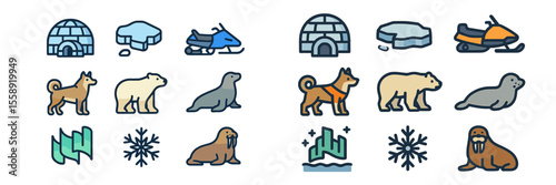 Unique collection of Arctic-themed icons showcasing wildlife, snowy landscapes, and winter activities
