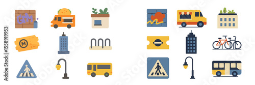 Creative urban iconography showcasing transportation, fitness, and city life elements in a colorful and playful design