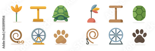 Colorful illustrations of pet accessories and toys designed for various animals in a playful arrangement
