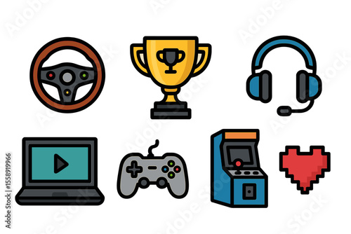 Video game elements featuring a trophy, console, steering wheel, and headset showcasing gaming culture and competitive spirit