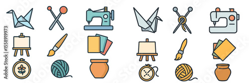 Craft supplies and tools arranged in a creative display showcasing various art activities