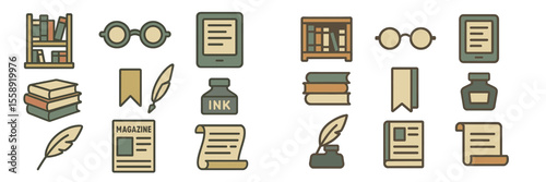 Artwork showcasing various reading and writing tools in a library setting with books, glasses, and stationery scattered artistically