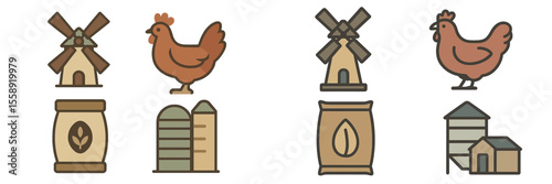 Illustrative representations of farming elements showcasing a windmill, chickens, and grain storage in a rural setting