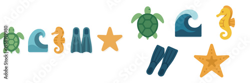 Colorful marine life illustrations featuring sea turtles, seahorses, waves, and diving gear in a playful and educational design