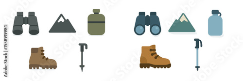 Essential hiking gear including binoculars, water bottles, and trekking poles for outdoor adventures in nature
