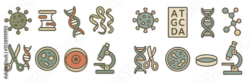 Scientific illustrations depicting various biological concepts and processes related to genetics and microbiology