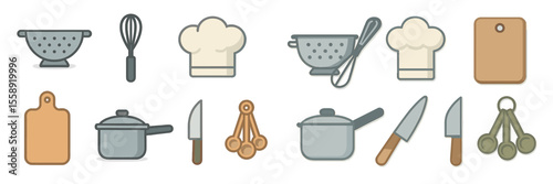 Cooking utensils and chef hats gathered together in a flat design display for culinary enthusiasts