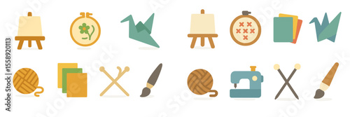 Crafting workshop tools and supplies displayed including easels, yarn, and sewing machine in an artistic setting