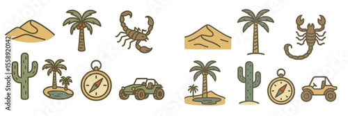 Desert adventure elements featuring scorpions, cacti, palm trees, and off-road vehicles in a sandy landscape
