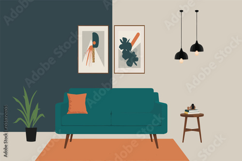 Modern living room interior design teal sofa abstract art