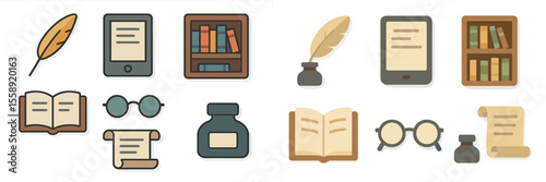 Icons representing reading, writing, and literature in a minimalist style showcasing books, quills, and reading materials