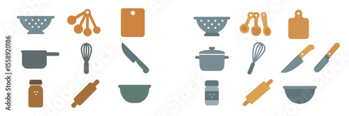 Collection of kitchen utensils and tools arranged in a creative layout showcasing cooking essentials for meal preparation and baking activities