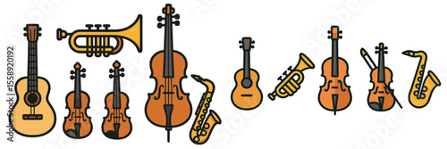 Collection of various musical instruments including guitars, violins, trumpets, and saxophones arranged artistically