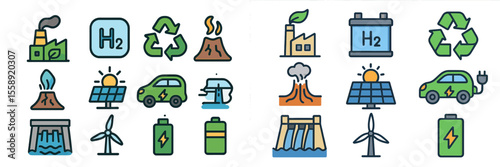 Exploring various energy types through icons highlighting renewable sources and hydrogen innovations in a creative design