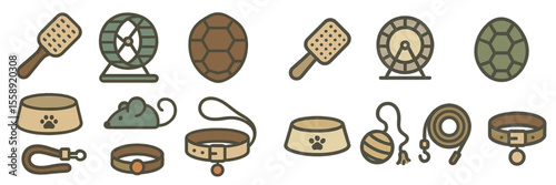 Collection of pet supplies and accessories displayed on a light background for animal care and training