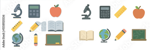 Educational tools including microscopes, calculators, and books arranged artistically on a flat surface
