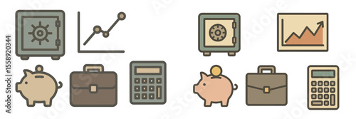 Financial symbols and tools showcase safe, savings, and growth metrics in a minimalist design