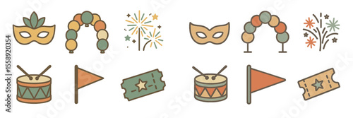 Colorful celebration icons featuring masks, drums, and fireworks for festive occasions
