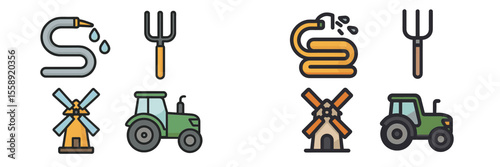 Unique collection of farm and gardening icons featuring tractors, tools, water hoses, and windmills in a colorful design