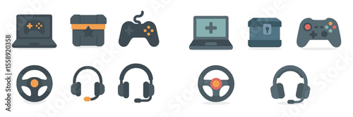 Collection of gaming devices and accessories showcasing various controllers and headsets in a creative layout