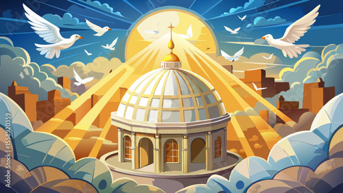 Zoom into the white stone dome with pigeons circling gently. Light breaks through clouds, highlighting the mosaic Christ inside above the glowing golden altar.

