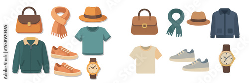 Fashion accessories and clothing items displayed for casual looks in an organized layout