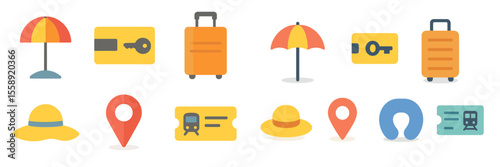 Essential travel icons for planning a summer vacation at the beach or tourist destination