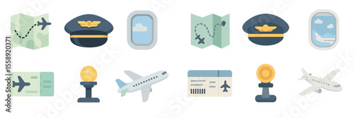 Icons representing aviation, travel, and transportation concepts highlight various elements of flying and navigating